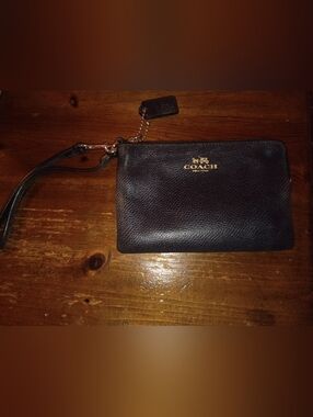 Coach Black Pebbled Leather Wristlet with Gold Logo